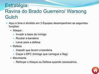 Estratégia:
Ravina do Brado Guerreiro/ Warsong
Gulch
 Aqui o time é dividido em 3 Equipes desempenham as seguintes
funções:
 Ataque :
 Invadir a base do inimigo
 Roubar a bandeira
 Levar para a defesa
 Defesa
 Impedir que levem a bandeira
 Caçar o EFC (Inimigo que carregue a flag)
 Movimento
 Reforçar o Ataque ou Defesa quando necessários.
 