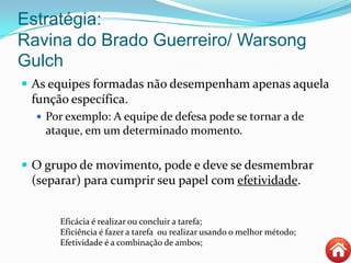 Estratégia:
Ravina do Brado Guerreiro/ Warsong
Gulch
 As equipes formadas não desempenham apenas aquela
função específica.
 Por exemplo: A equipe de defesa pode se tornar a de
ataque, em um determinado momento.
 O grupo de movimento, pode e deve se desmembrar
(separar) para cumprir seu papel com efetividade.
Eficácia é realizar ou concluir a tarefa;
Eficiência é fazer a tarefa ou realizar usando o melhor método;
Efetividade é a combinação de ambos;
 
