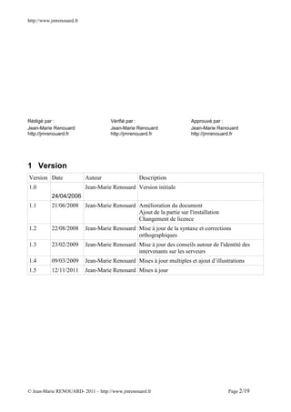 http://www.jmrenouard.fr




Rédigé par :                         Vérifié par :                      Approuvé par :
Jean-Marie Renouard                  Jean-Marie Renouard                Jean-Marie Renouard
http://jmrenouard.fr                 http://jmrenouard.fr               http://jmrenouard.fr




1 Version
Version Date               Auteur                Description
1.0                        Jean-Marie Renouard Version initiale
           24/04/2006
1.1        21/06/2008      Jean-Marie Renouard Amélioration du document
                                               Ajout de la partie sur l'installation
                                               Changement de licence
1.2        22/08/2008      Jean-Marie Renouard Mise à jour de la syntaxe et corrections
                                               orthographiques
1.3        23/02/2009      Jean-Marie Renouard Mise à jour des conseils autour de l'identité des
                                               intervenants sur les serveurs
1.4        09/03/2009      Jean-Marie Renouard Mises à jour multiples et ajout d’illustrations
1.5        12/11/2011      Jean-Marie Renouard Mises à jour




© Jean-Marie RENOUARD- 2011 – http://www.jmrenouard.fr                                 Page 2/19
 