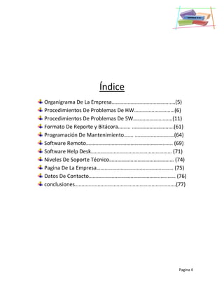 Pagina 4
Índice
Organigrama De La Empresa……………………………………..…(5)
Procedimientos De Problemas De HW…………………………(6)
Procedimientos De Problemas De SW………………….…….(11)
Formato De Reporte y Bitácora……... ………………………….(61)
Programación De Mantenimiento……. ……………………..…(64)
Software Remoto…………………………………………………..….. (69)
Software Help Desk…………………………………………………… (71)
Niveles De Soporte Técnico………………………………………… (74)
Pagina De La Empresa………………………………………………… (75)
Datos De Contacto……………………………………………..…..…… (76)
conclusiones…………………………………………………………………(77)
 
