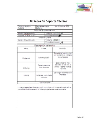 Pagina 62
Bitácora De Soporte Técnico
 