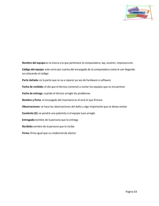 Pagina 63
Nombre del equipo:es la marca a la que pertenece la computadora, lap, escáner, impresora etc.
Código del equipo: este corre por cuenta del encargado de la computadora como le van llegando
va colocando el código
Parte dañada: es la parte que se va a reparar ya sea de hardware o software
Fecha de recibido: el día que el técnico comenzó a contar los equipos que se encuentran
Fecha de entrega: cuando el técnico arreglo los problemas
Nombre y firma: el encargado del inventario es el será el que firmara
Observaciones: se hace las observaciones del daño u algo importante que se desee anotar
Excelente (E): se pondrá una palomita si el equipo tuvo arreglo
Entregado:nombre de la persona que lo entrega
Recibido:nombre de la persona que lo recibe
Firma: firma igual que su credencial de elector
 