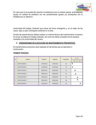 Pagina 66
En caso que no se pueda dar solución inmediata por que no existan piezas, se le asignara
equipo en calidad de préstamo con las características iguales y/o semejantes con la
finalidad que no afecte la
continuidad del trabajo, teniendo que actuar de forma emergente y, en el mejor de los
casos, bajo un plan contingente existente en el área.
El área de soporte técnico deberá realizar un informe técnico del mantenimiento correctivo
en el que se plasme el trabajo realizado, así como los datos completos de los equipos
revisados y la conformidad del usuario
5. CRONOGRAMA DE EJECUCIÓN DE MANTENIMIENTO PREVENTIVO.
El mantenimiento preventivo será realizado en las fechas que se describen a
continuación:
PRIMER PERIODO
 