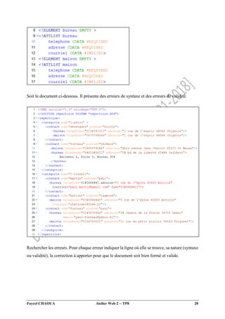 Faycel CHAOUA Atelier Web 2  TP8 20
Soit le document ci-dessous. Il présente des erreurs de syntaxe et des erreurs de validité.
Rechercher les erreurs. Pour chaque erreur indiquer la ligne où elle se trouve, sa nature (syntaxe
ou validité), la correction à apporter pour que le document soit bien formé et valide.
 
