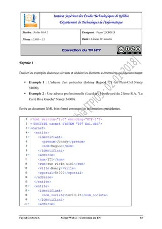 Faycel CHAOUA Atelier Web 2  Correction du TP7 55
Exercice 1
Étudier les exemples d'adresse suivants et déduire les éléments élémentaires qui les constituent:
 Exemple 1 : L'adresse d'un particulier (Johnny Begood 121 rue Plein-Ciel Nancy
54000).
 Exemple 2 : Une adresse professionnelle (Lucid-it 14 boulevard du 21ème R.A. "Le
Carré Rive Gauche" Nancy 54000).
Écrire un document XML bien formé contenant les informations précédentes.
Institut Supérieur des Études Technologiques de Kélibia
Département de Technologies de l'Informatique
Matière : Atelier Web 2
Niveau : LMD ‒ L1
Enseignant : Faycel CHAOUA
Durée : 4 heures 30 minutes
Correction du TP N°7
 