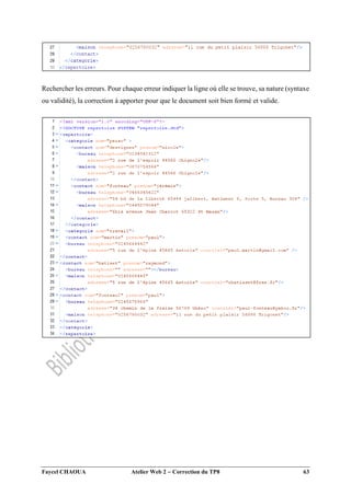 Faycel CHAOUA Atelier Web 2  Correction du TP8 63
Rechercher les erreurs. Pour chaque erreur indiquer la ligne où elle se trouve, sa nature (syntaxe
ou validité), la correction à apporter pour que le document soit bien formé et valide.
 