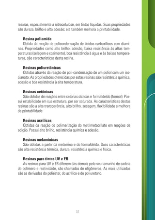 53
resinas, especialmente a nitrocelulose, em tintas líquidas. Suas propriedades
são dureza, brilho e alta adesão; ela também melhora a printabilidade.
Resina poliamida
Obtida da reação de policondensação de ácidos carboxílicos com diami-
nas. Propriedades como alto brilho, adesão, baixa resistência às altas tem-
peraturas (selagem e cozimento), boa resistência à água e às baixas tempera-
turas, são características desta resina.
Resinas poliuretânicas
Obtidas através da reação de poli-condensação de um poliol com um iso-
cianato. As propriedades oferecidas por estas resinas são resistência química,
adesão e boa resistência à alta temperatura.
Resinas cetônicas
São obtidas de reações entre cetonas cíclicas e formaldeído (formol). Pos-
sui estabilidade em sua estrutura, por ser saturada. As características destas
resinas são a alta transparência, alto brilho, secagem, flexibilidade e melhora
da printabilidade.
Resinas acrílicas
Obtidas da reação de polimerização do metilmetacrilato em reações de
adição. Possui alto brilho, resistência química e adesão.
Resinas melamínicas
São obtidas a partir da melamina e do formaldeído. Suas características
são alta resistência térmica, dureza, resistência química e física.
Resinas para tintas UV e EB
As resinas para UV e EB diferem das demais pelo seu tamanho de cadeia
do polímero e reatividade, são chamadas de oligômeros. As mais utilizadas
são as derivadas do poliéster, do acrílico e do poliuretano.
 