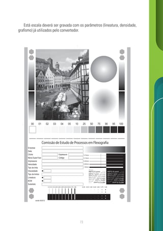 73
Está escala deverá ser gravada com os parâmetros (lineatura, densidade,
grafismo) já utilizados pelo convertedor.
Comissão de Estudo de Processos em Flexografia
Empresa
00 01 02 03 04 05 10 25 50 75 90 95 100
Data
Cliche
Marca Dupla-Face
Espessura
Código
Impressora
Velocidade
Tipo de tinta
Viscosidade
Tipo de Anilox
Lineatura
BCM
Substrato
versão 09/2012
ABTG 8 point
 