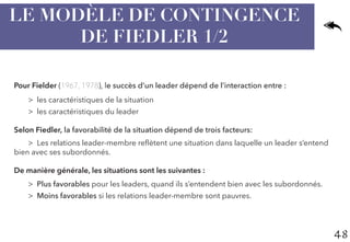 48
LE MODÈLE DE CONTINGENCE
DE FIEDLER 1/2
Pour Fielder (1967, 1978), le succès d’un leader dépend de l’interaction entre :
>> les caractéristiques de la situation	
>> les caractéristiques du leader
Selon Fiedler, la favorabilité de la situation dépend de trois facteurs:
>> Les relations leader-membre reflètent une situation dans laquelle un leader s’entend
bien avec ses subordonnés.
De manière générale, les situations sont les suivantes :
>> Plus favorables pour les leaders, quand ils s’entendent bien avec les subordonnés.
>> Moins favorables si les relations leader-membre sont pauvres.
 