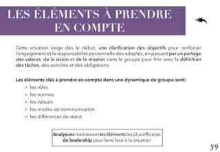 59
LES ÉLÉMENTS À PRENDRE
EN COMPTE
Cette situation exige dès le début, une clarification des objectifs pour renforcer
l’engagement et la responsabilité personnelle des adeptes, en passant par un partage
des valeurs, de la vision et de la mission dans le groupe pour finir avec la définition
des tâches, des activités et des obligations.
Les éléments clés à prendre en compte dans une dynamique de groupe sont:
>> les rôles
>> les normes
>> les valeurs
>> les modes de communication
>> les différences de statut
Analysons maintenant les éléments les plus efficaces
de leadership pour faire face à la situation
 