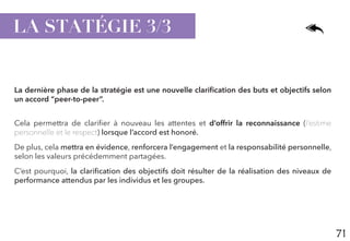 71
LA STATÉGIE 3/3
La dernière phase de la stratégie est une nouvelle clarification des buts et objectifs selon
un accord “peer-to-peer”.
Cela permettra de clarifier à nouveau les attentes et d’offrir la reconnaissance (l’estime
personnelle et le respect) lorsque l’accord est honoré.
De plus, cela mettra en évidence, renforcera l’engagement et la responsabilité personnelle,
selon les valeurs précédemment partagées.
C’est pourquoi, la clarification des objectifs doit résulter de la réalisation des niveaux de
performance attendus par les individus et les groupes.
 