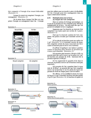 Chapitre 2 Chapitre 2
être comparée à l’énergie d’un ressort hélicoïdal.
(Illustration 11)
Lorsque le ressort est comprimé, l’énergie y est
emmagasinée. (Illustration 12)
De la même façon, lorsque l’air libre est com-
primé, l’énergie est emmagasinée dans l’air. L’énergie
peut être utilisée pour un travail et, grâce à la flexibilité
de l’air, l’énergie peut être emmagasinée dans un
espace relativement restreint.
2.11 Multiplication de la force
au moyen de l’air comprimé
Dans un système de freinage pneumatique, on
se sert de la pression de l’air comprimé pour obtenir la
multiplication de la force. On peut ainsi dire que l’air
permet de multiplier la force à appliquer.
Supposons que l’on branche un réservoir d’air
comprimé à un tuyau ayant une section de 1 pouce.
(Illustration 13)
Tant que le réservoir contient de l’air com-
primé, l’air pourra s’écouler par l’extrémité ouverte du
tuyau.
Si l’on plaçait un bouchon ayant une surface de
1 po2
(Illustration 14) à l’extrémité ouverte du tuyau,
l’air comprimé sortant du tuyau exercerait une force
contre le bouchon pour le forcer vers l’extérieur.
Il suffirait d’appliquer une balance graduée
contre le bouchon pour mesurer la pression qui
s’exerce sur le bouchon. (Illustration 15)
Si la pression ainsi mesurée s’élevait à 10 lb, on
pourrait alors dire qu’il s’exerce sur la surface de 1 po2
du bouchon une pression de 10 lb. Autrement dit, la
pression équivaut à 10 lb/po2
.
Si l’on augmentait la quantité d’air dans le
réservoir, la pression exercée sur le bouchon serait plus
importante.
Si la pression de l’air comprimé dans le tuyau
était de 50 lb/po2
, on pourrait dire que l’air comprimé
exerce sur le bouchon et sur les parois du tuyau une
pression de 50 lb sur chaque pouce carré de surface.
Par ailleurs, si l’on modifiait la forme du tuyau
de façon à ce que l’extrémité soit deux fois plus grande
(2 po X 2 po) (Illustration 16), le bouchon occupant cet
9
2.Principes
de
base
concernant
les
freins
Ressort comprimé Air comprimé
Illustration 12
Ressort libre Air libre
Illustration 11
Écoulement
Air comprimé
Illustration 13
Réservoir et tuyau
Écoulement
Air comprimé
Bouchon
Illustration 14
Bouchon
Écoulement
Air comprimé
Balance
Illustration 15
Balance graduée
Air comprimé
Illustration 16
Surface deux fois plus grande
 