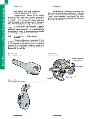 Chapitre 3 Chapitre 3
14
par le fabricant sur la partie centrale ou à
l’extrémité du récepteur de freinage.
Comme son nom l’indique, le levier réglable
permet de réduire le jeu qui se crée dans la timonerie,
entre la tige de poussée et les segments de frein. (Voir
le chapitre IX pour les réglages). Il existe deux types
de levier réglable : levier à réglage manuel (illustration
23b) et levier à réglage automatique (illustration 23c).
Le réglage des freins, possédant le levier à
réglage manuel, doit être fait à la main quand le jeu
mentionné devient important. Avec le levier à réglage
automatique, le réglage se fait automatiquement au fur
et à mesure que les garnitures de frein s’usent.
3.4 Les segments et les tambours
de frein
L’illustration 24 montre le mécanisme de frein
installé sur l’essieu arrière d’un camion, sur les essieux
d’une remorque ou sur l’essieu avant. L’ensemble
récepteur de freinage et levier réglable est installé sur la
plaque support, ce qui permet aux roues directrices de
tourner dans les deux sens.
3.
Fonctionnement
des
systèmes
de
freinage
pneumatique
Les garnitures fixées aux segments de frein
doivent permettre un freinage uniforme sur l’ensemble
des roues portantes, avec un minimum de perte d’effi-
cacité à haute température; pour ce faire, on utilise
divers types de matériaux que l’on choisit en fonction
des besoins du véhicule.
Illustration 23b
Levier à réglage manuel
Illustration 23c
Levier à réglage automatique
Récepteur de freinage
Tige de commande
Levier réglabe
Arbre à came
Came en S
Tambour
Illustration 24
Mécanisme de frein
 