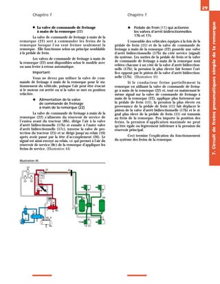 Chapitre 7 Chapitre 7
● La valve de commande de freinage
à main de la remorque (22)
La valve de commande de freinage à main de la
remorque (22) sert à commander les freins de la
remorque lorsque l’on veut freiner seulement la
remorque. Elle fonctionne selon un principe semblable
à la pédale de frein.
Les valves de commande de freinage à main de
la remorque (22) sont disponibles selon le modèle avec
ou sans levier à retour automatique.
Important:
Vous ne devez pas utiliser la valve de com-
mande de freinage à main de la remorque pour le sta-
tionnement du véhicule, puisque l’air peut être évacué
si le moteur est arrêté ou si la valve se met en position
relâchée.
◆ Alimentation de la valve
de commande de freinage
à main de la remorque (22)
La valve de commande de freinage à main de la
remorque (22) s’alimente du réservoir de service de
l’essieu avant du tracteur (8b), dirige l’air à la valve
d’arrêt bidirectionnelle (17b) et ensuite à l’autre valve
d’arrêt bidirectionnelle (17c), traverse la valve de pro-
tection du tracteur (25) et se dirige jusqu’au relais (16)
après avoir passé par la tête d’accouplement (26). Le
signal est ainsi envoyé au relais, ce qui permet à l’air du
réservoir de service (8c) de la remorque d’appliquer les
freins de service. (Illustration 44)
◆ Pédale de frein (11) qui actionne
les valves d’arrêt bidirectionnelles
17b et 17c
L’ensemble des véhicules équipés à la fois de la
pédale de frein (11) et de la valve de commande de
freinage à main de la remorque (22) possède une valve
d’arrêt bidirectionnelle (17b) du côté service (signal)
du système. Les sorties de la pédale de frein et la valve
de commande de freinage à main de la remorque sont
reliées chacune à un côté de la valve d’arrêt bidirection-
nelle (17b); la pression la plus élevée fait fermer l’ori-
fice opposé par le piston de la valve d’arrêt bidirection-
nelle (17b). (Illustration 45)
Si le conducteur freine partiellement la
remorque en utilisant la valve de commande de freina-
ge à main de la remorque (22) et, tout en maintenant le
même signal sur la valve de commande de freinage à
main de la remorque (22), applique plus fortement sur
la pédale de frein (11), la pression la plus élevée en
provenance de la pédale de frein (11) fait déplacer le
piston de la valve d’arrêt bidirectionnelle (17b) et le si-
gnal plus élevé de la pédale de frein (11) est transmis
au frein de la remorque. Peu importe la position des
freins, la pression d’application maximale ne peut
qu’être égale ou légèrement inférieure à la pression du
réservoir principal.
Ceci termine l’explication du fonctionnement
du système des freins de la remorque.
29
7.
Circuit
de
freins
pneumatiques
simple
de
la
remorque
2
3
4
5
6
7
8a
9
10
11
17b
16
21
8b
6
6
9
10
17a
22
14
15
27
7
3
24 18
23
17c
25 26
8c 8d
Illustration 45
 
