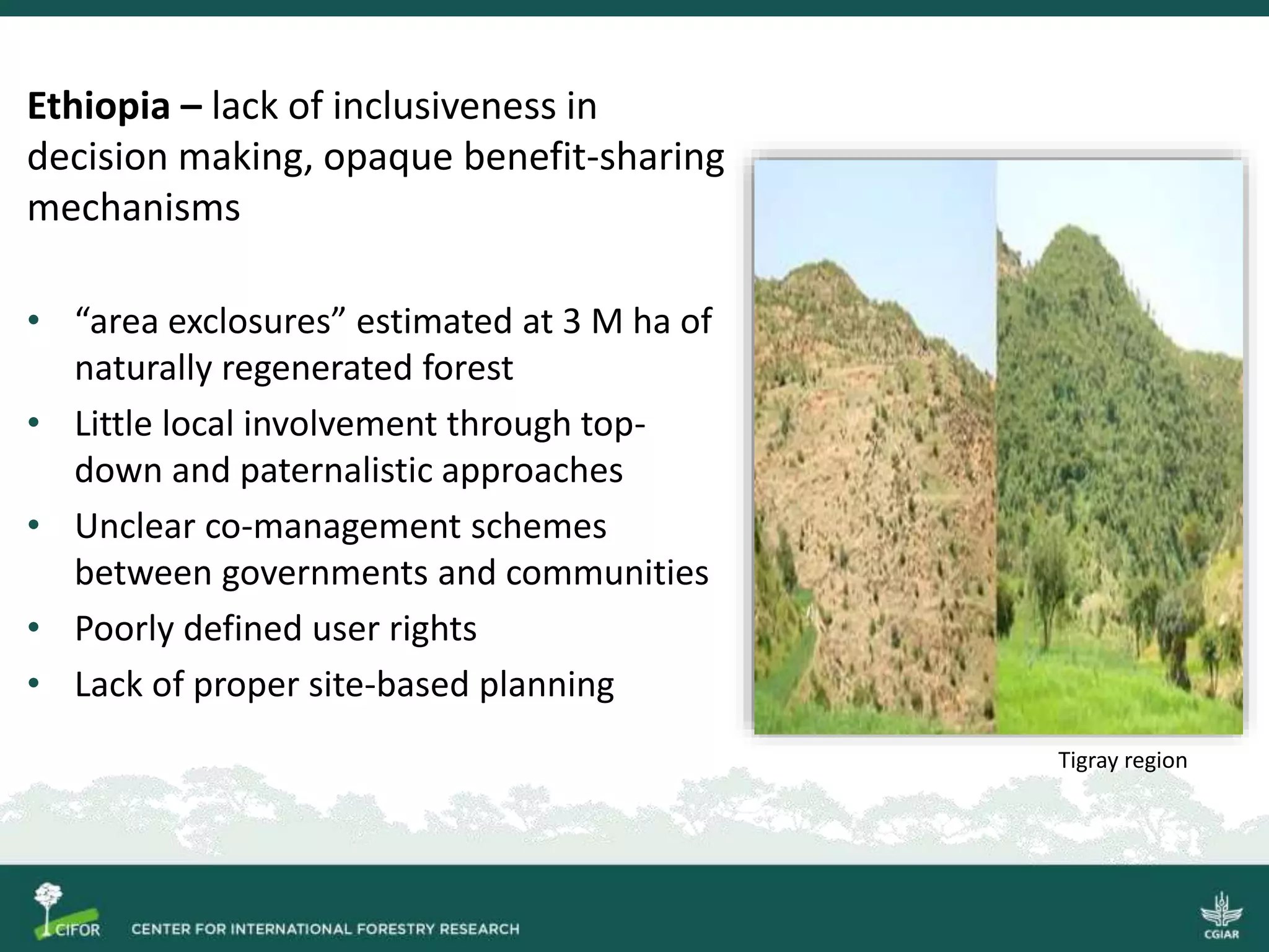Ethiopia – lack of inclusiveness in
decision making, opaque benefit-sharing
mechanisms
• “area exclosures” estimated at 3 M ha of
naturally regenerated forest
• Little local involvement through top-
down and paternalistic approaches
• Unclear co-management schemes
between governments and communities
• Poorly defined user rights
• Lack of proper site-based planning
Tigray region
 