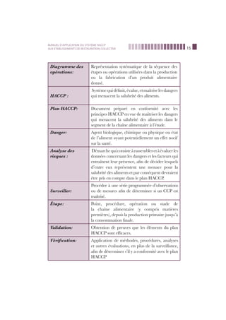 15
MANUEL D’APPLICATION DU SYSTEME HACCP
AUX ETABLISSEMENTS DE RESTAURATION COLLECTIVE
Diagramme des
opérations:
Représentation systématique de la séquence des
étapes ou opérations utilisées dans la production
ou la fabrication d’un produit alimentaire
donné.
HACCP :
Systèmequidéﬁnit,évalue,etmaîtriselesdangers
qui menacent la salubrité des aliments.
Plan HACCP: Document préparé en conformité avec les
principes HACCP en vue de maîtriser les dangers
qui menacent la salubrité des aliments dans le
segment de la chaîne alimentaire à l’étude.
Danger: Agent biologique, chimique ou physique ou état
de l’aliment ayant potentiellement un effet nocif
sur la santé.
Analyse des
risques :
Démarchequiconsisteàrassembleretàévaluerles
données concernant les dangers et les facteurs qui
entraînent leur présence, aﬁn de décider lesquels
d’entre eux représentent une menace pour la
salubrité des aliments et par conséquent devraient
être pris en compte dans le plan HACCP.
Surveiller:
Procéder à une série programmée d’observations
ou de mesures aﬁn de déterminer si un CCP est
maîtrisé.
Étape: Point, procédure, opération ou stade de
la chaîne alimentaire (y compris matières
premières), depuis la production primaire jusqu’à
la consommation ﬁnale.
Validation: Obtention de preuves que les éléments du plan
HACCP sont efﬁcaces.
Vériﬁcation: Application de méthodes, procédures, analyses
et autres évaluations, en plus de la surveillance,
aﬁn de déterminer s’il y a conformité avec le plan
HACCP
 