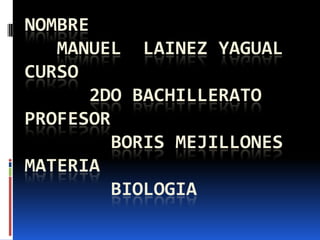 NOMBRE
MANUEL LAINEZ YAGUAL
CURSO
2DO BACHILLERATO
PROFESOR
BORIS MEJILLONES
MATERIA
BIOLOGIA
 