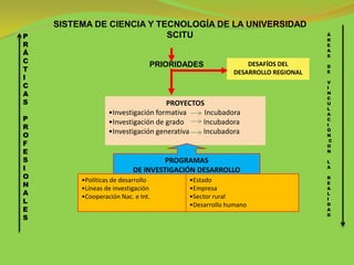 SISTEMA DE CIENCIA Y TECNOLOGÍA DE LA UNIVERSIDAD
P                          SCITU                                            Á
                                                                            R
R                                                                           E
                                                                            A
Á                                                                           S
C                                                         DESAFÍOS DEL
                                PRIORIDADES                                 D
T                                                     DESARROLLO REGIONAL   E
I
                                                                            V
C                                                                           I
A                                                                           N
                                                                            C
S                                   PROYECTOS                               U
                                                                            L
                  •Investigación formativa   Incubadora                     A
P                 •Investigación de grado    Incubadora                     C
                                                                            I
R                                                                           Ó
O
                  •Investigación generativa  Incubadora                     N
                                                                             C
F                                                                           O
E                                                                           N

S                                   PROGRAMAS                               L
I                          DE INVESTIGACIÓN DESARROLLO                      A

O                                                                           R
         •Políticas de desarrollo        •Estado
N                                                                           E
                                                                            A
         •Líneas de investigación        •Empresa
A                                        •Sector rural                      L
         •Cooperación Nac. e Int.                                           I
L                                                                           D
                                         •Desarrollo humano
E                                                                           A
                                                                            D
S
 