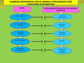 CAMBIOS ESPERADOS CON EL MODELO PEDAGÓGICO POR
             FUNCIONES SUSTANTIVAS
           AHORA         CON EL MODELO PEDAGÓGICO POR FUNCIONES
                                       SUSTANTIVAS


     PERFIL COGNITIVO                      PRÁCTICAS
                                         PROFESIONALES



   PLAN DE CONTENIDOS                    OBJETOS DE
        TEÓRICOS                          ESTUDIO




       UNIDADES O                         FUNCIONES
       CAPÍTULOS                         SUSTANTIVAS



    PERIODOS DE CLASE                     CRÉDITOS




       PROGRAMA DE                       PROGRAMA DE
     ESTUDIO VERTICAL                      ESTUDIO
                                          HORIZONTAL
 