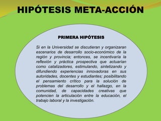 HIPÓTESIS META-ACCIÓN

               PRIMERA HIPÓTESIS

   Si en la Universidad se discutieran y organizaran
   escenarios de desarrollo socio-económico de la
   región y provincia; entonces, se incentivaría la
   reflexión y práctica prospectiva que actuarían
   como catalizadores, estimulando, sintetizando y
   difundiendo experiencias innovadoras en sus
   autoridades, docentes y estudiantes; posibilitando
   el pensamiento crítico para la solución de
   problemas del desarrollo y el hallazgo, en la
   comunidad, de capacidades creativas que
   potencien la articulación entre la educación, el
   trabajo laboral y la investigación.
 