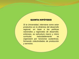 QUINTA HIPÓTESIS

Si la Universidad, interviene como actor
productivo en la dinámica del desarrollo
regional, en base a las políticas
nacionales y regionales de desarrollo;
entonces, su estructura macro y micro
curricular,     ineluctablemente     se
organizará por funciones sustantivas,
formando colectividades de producción
y servicios.
 