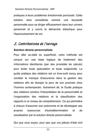 11
pratiques à leurs problèmes émotionnels ponctuels. Cette
solution sera considérée comme une boussole
personnelle pour se diriger efficacement dans leur univers
personnel et y suivre la démarche didactique pour
l’épanouissement de soi.
2. Contributions de l’ouvrage
Solution directe personnalisée
Pour aller au-delà du superficiel, notre méthode est
conçue sur une base logique de traitement des
informations identitaires (par des procédés de calculs)
pour éviter toute spéculation et toute subjectivité. Le
guide pratique des relations est un livre-outil conçu pour
combler le manque d'assurance dans la gestion des
relations afin de dissiper la peur de son prochain chez
l’homme contemporain. Autrement dit, le Guide pratique
des relations ramène l’interprétation de la personnalité et
l’organisation des relations et la classification des
rapports à un niveau de compréhension. Ce qui permettra
à chacun d’assumer son autonomie et de développer ses
propres ressources d'autodétermination et de
socialisation par la solution directe personnalisée.
Qui que vous soyez, pour peu que vos pièces d’état civil
Solution Directe Personnalisée - SDP
 