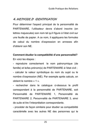25
4. METHODE D' IDENTIFICATION
Pour déterminer l'aspect principal de la personnalité de
PARTENAIRE, l’utilisateur devra d’abord inscrire (en
lettres majuscules) son nom tel qu’il figure à l’état civil sur
une feuille de papier. A ce nom, il appliquera les formules
de calcul du nombre d’expression en annexes afin
d'obtenir son NE.
Comment étudier la compatibilité d’une personnalité?
En voici les étapes :
- reproduire correctement le nom patronymique (de
famille) et le/les prénom(s) de PARTENAIRE à l’état civil ;
- calculer la valeur symbolique du nom du sujet ou le
nombre d’expression (NE). Par exemple après calculs, on
obtient le nombre « 1 ».
- rechercher dans le catalogue ci-dessous le profil
correspondant à la personnalité de PARTENARE, soit
Personnalité de PARTENAIRE 1, Personnalité de
PARTENAIRE 2, Personnalité de PARTENAIRE 3, ainsi
de suite et lire l’interprétation correspondante.
- procéder de façon similaire pour étudier sa compatibilité
caractérielle avec les autres NE des personnes qui le
Guide Pratique des Relations
 