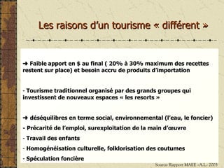 Les raisons d’un tourisme « différent »    Faible   apport en $ au final ( 20% à 30% maximum des recettes restent sur place) et besoin accru de produits d’importation Tourisme traditionnel organisé par des grands groupes qui investissent de nouveaux espaces « les resorts »    déséquilibres en terme social, environnemental (l’eau, le foncier)  - Précarité de l’emploi, surexploitation de la main d’œuvre Travail des enfants Homogénéisation culturelle, folklorisation des coutumes Spéculation foncière Source- Rapport MAEE –A.L.- 2003 