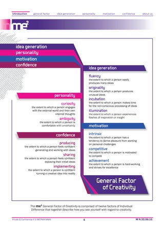 introduction         general factor        idea generation     personality      motivation       confidence        about us




   idea generation
   personality
   motivation
   conﬁdence
                                                                    idea generation
                                                                    ﬂuency
                                                                    the extent to which a person easily
                                                                    produces many ideas
                                                                    originality
                                                                    the extent to which a person produces
                                          personality               unusual ideas
                                                                    incubation
                                               curiosity            the extent to which a person makes time
                   the extent to which a person engages             for the non-conscious processing of ideas
                    with the external world and their own           illumination
                                        internal thoughts           the extent to which a person experiences
                                             ambiguity
                           the extent to which a person is
                             comfortable with uncertainty           motivation

                                           conﬁdence                intrinsic
                                                                    the extent to which a person has a
                                                                    tendency to derive pleasure from working
                                             producing              on personal challenges

                       generating and working with ideas            competitive
                                                                    the extent to which a person is motivated
                                                 sharing            to compete

                                exposing their initial ideas        achievement
                                                                    the extent to which a person is hard-working
                                          implementing              and strives for excellence

                        turning a creative idea into reality


                                                                             General Factor
                                                                               of Creativity

                  The me2 General Factor of Creativity is comprised of twelve factors of Individual
                  Difference that together describe how you see yourself with regard to creativity.


Private & Confidential © E-METRIXX MMXI                        4
 