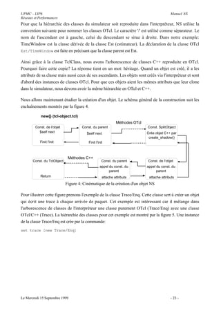 UPMC - LIP6                                                                                  Manuel NS
Réseaux et Performances
Pour que la hiérarchie des classes du simulateur soit reproduite dans l'interpréteur, NS utilise la
convention suivante pour nommer les classes OTcl. Le caractère '/' est utilisé comme séparateur. Le
nom de l'ascendant est à gauche, celui du descendant se situe à droite. Dans notre exemple:
TimeWindow est la classe dérivée de la classe Est (estimateur). La déclaration de la classe OTcl
Est/TimeWindow est faite en précisant que la classe parent est Est.

Ainsi grâce à la classe TclClass, nous avons l'arborescence de classes C++ reproduite en OTcl.
Pourquoi faire cette copie? La réponse tient en un mot: héritage. Quand un objet est créé, il a les
attributs de sa classe mais aussi ceux de ses ascendants. Les objets sont créés via l'interpréteur et sont
d'abord des instances de classes OTcl. Pour que ces objets aient les mêmes attributs que leur clone
dans le simulateur, nous devons avoir la même hiérarchie en OTcl et C++.

Nous allons maintenant étudier la création d'un objet. Le schéma général de la construction suit les
enchaînements montrés par la figure 4.

            new{} (tcl-object.tcl)
                                                              Méthodes OTcl
         Const. de l'objet            Const. du parent                        Const. SplitObject
           $self next                    $self next                           Crée objet C++ par
                                                                               create_shadow()
            Finit l'init                  Finit l'init



                              Méthodes C++
       Const. du TclObject                           Const. du parent         Const. de l'objet
                                                   appel du const. du         appel du const. du
                                                         parent                     parent
            Return                                   attache attributs         attache attributs
                             Figure 4: Cinématique de la création d'un objet NS

Pour illustrer cette figure prenons l'exemple de la classe Trace/Enq. Cette classe sert à créer un objet
qui écrit une trace à chaque arrivée de paquet. Cet exemple est intéressant car il mélange dans
l'arborescence de classes de l'interpréteur une classe purement OTcl (Trace/Enq) avec une classe
OTcl/C++ (Trace). La hiérarchie des classes pour cet exemple est montré par la figure 5. Une instance
de la classe Trace/Enq est crée par la commande:
set trace [new Trace/Enq]




Le Mercredi 15 Septembre 1999                                                                - 23 -
 