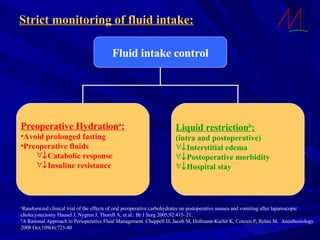 Strict monitoring of fluid intake: a Randomized clinical trial of the effects of oral preoperative carbohydrates on postoperative nausea and vomiting after laparoscopic cholecystectomy Hausel J, Nygren J, Thorell A, et al.. Br J Surg 2005;92:415–21. b A Rational Approach to Perioperative Fluid Management.  Chappell D, Jacob M, Hofmann-Kiefer K, Conzen P, Rehm M.  Anesthesiology. 2008 Oct;109(4):723-40 Fluid intake control Preoperative Hydration a : Avoid prolonged fasting Preoperative fluids  Catabolic response  Insuline resistance Liquid restriction b : (intra and postoperative)  Interstitial edema   Postoperative morbidity   Hospital stay 