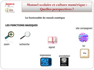 Les fonctionnalités des
manuels numériques
Manuelscolaireetculture numérique:
Quellesperspectives ?
 