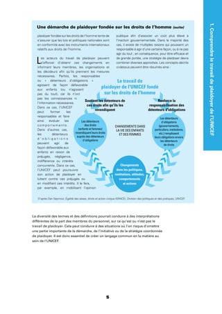 1.Comprendreletravaildeplaidoyerdel’UNICEF
5
La diversité des termes et des déﬁnitions pourrait conduire à des interprétations
différentes de la part des membres du personnel, sur ce qu’est ou n’est pas le
travail de plaidoyer. Cela peut conduire à des situations où l’on risque d’omettre
une partie importante de la démarche, de l’initiative ou de la stratégie coordonnée
de plaidoyer. Il est donc essentiel de créer un langage commun en la matière au
sein de l’UNICEF.
plaidoyer fondée sur les droits de l’homme tente de
s’assurer que les lois et politiques nationales sont
en conformité avec les instruments internationaux
relatifs aux droits de l’homme.
Les acteurs du travail de plaidoyer peuvent
s’efforcer d’obtenir ces changements en
informant leurs membres, les organisations et
les décideurs aﬁn qu’ils prennent les mesures
nécessaires. Parfois, les responsables
ou « détenteurs d’obligations »
agissent de façon défavorable
aux enfants (ou n’agissent
pas du tout), car ils n’ont
pas les connaissances ni
l’information nécessaires.
Dans ce cas, l’UNICEF
peut former les
responsables et faire
ainsi évoluer les
c o m p o r t e m e n t s .
Dans d’autres cas,
les détenteurs
d ’ o b l i g a t i o n s
peuvent agir de
façon défavorable aux
enfants en raison de
préjugés, négligence,
indifférence ou intérêts
concurrents. Dans ce cas,
l’UNICEF peut poursuivre
son action de plaidoyer en
luttant contre ces préjugés ou
en modiﬁant ces intérêts. Il le fera,
par exemple, en mobilisant l’opinion
publique aﬁn d’associer un coût plus élevé à
l’inaction gouvernementale. Dans la majorité des
cas, il existe de multiples raisons qui poussent un
responsable à agir d’une certaine façon, ou à ne pas
agir du tout ; en conséquence, pour être efﬁcace et
de grande portée, une stratégie de plaidoyer devra
combiner diverses approches. Les concepts décrits
ci-dessus peuvent être résumés ainsi :
D’après Dan Seymour, Égalité des sexes, droits et action civique (GRACE), Division des politiques et des pratiques, UNICEF.
Une démarche de plaidoyer fondée sur les droits de l’homme (suite)
Le travail de
plaidoyer de l'UNICEF fondé
sur les droits de l'homme
Renforce la
responsabilisation des
détenteurs d'obligations
Soutient les détenteurs de
ces droits afin qu'ils les
revendiquent
Les détenteurs
des droits
(enfants et femmes)
revendiquent leurs droits
auprès des détenteurs
d'obligations
Les détenteurs
d'obligations
(gouvernements,
particuliers, institutions,
etc.) remplissent
leurs obligations envers
les détenteurs
de droits
Changements
dans les politiques,
institutions, attitudes,
comportements
et actions
CHANGEMENTS DANS
LA VIE DES ENFANTS
ET DES FEMMES
 