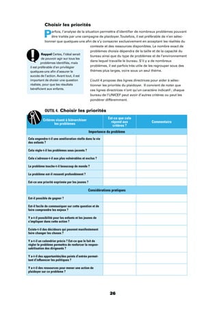 26
Choisir les priorités
Parfois, l’analyse de la situation permettra d’identiﬁer de nombreux problèmes pouvant
être traités par une campagne de plaidoyer.Toutefois, il est préférable de n’en sélec-
tionner que quelques-uns aﬁn de s’y consacrer exclusivement en acceptant les réalités du
contexte et des ressources disponibles. Le nombre exact de
problèmes choisis dépendra de la taille et de la capacité du
bureau ainsi que du type de problèmes et de l’environnement
dans lequel travaille le bureau. S’il y a de nombreux
problèmes, il est parfois très utile de les regrouper sous des
thèmes plus larges, voire sous un seul thème.
L’outil 4 propose des lignes directrices pour aider à sélec-
tionner les priorités du plaidoyer. Il convient de noter que
ces lignes directrices n’ont qu’un caractère indicatif ; chaque
bureau de l’UNICEF peut avoir d’autres critères ou peut les
pondérer différemment.
OUTIL 4. Choisir les priorités
Critères visant à hiérarchiser
les problèmes
Est-ce que cela
répond aux
critères ?
Commentaire
Importance du problème
Cela engendre-t-il une amélioration réelle dans la vie
des enfants ?
Cela règle-t-il les problèmes sous-jacents ?
Cela s’adresse-t-il aux plus vulnérables et exclus ?
Le problème touche-t-il beaucoup de monde ?
Le problème est-il ressenti profondément ?
Est-ce une priorité exprimée par les jeunes ?
Considérations pratiques
Est-il possible de gagner ?
Est-il facile de communiquer sur cette question et de
faire comprendre les enjeux ?
Y a-t-il possibilité pour les enfants et les jeunes de
s’impliquer dans cette action ?
Existe-t-il des décideurs qui peuvent manifestement
faire changer les choses ?
Y a-t-il un calendrier précis ? Est-ce que le fait de
régler le problème permettra de renforcer la respon-
sabilisation des dirigeants ?
Y a-t-il des opportunités/des points d’entrée permet-
tant d’inﬂuencer les politiques ?
Y a-t-il des ressources pour mener une action de
plaidoyer sur ce problème ?
Rappel Certes, l’idéal serait
de pouvoir agir sur tous les
problèmes identiﬁés, mais
il est préférable d’en privilégier
quelques-uns aﬁn d’assurer le
succès de l’action. Avant tout, il est
important de choisir une question
réaliste, pour que les résultats
bénéﬁcient aux enfants.
 