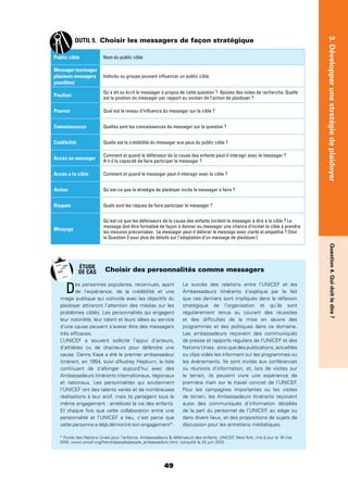 49
3.Développerunestratégiedeplaidoyer
OUTIL 9. Choisir les messagers de façon stratégique
Public cible Nom du public cible
Messager(envisagez
plusieurs messagers
possibles)
Individu ou groupe pouvant inﬂuencer un public cible
Position
Qu’a dit ou écrit le messager à propos de cette question ? Ajoutez des notes de recherche. Quelle
est la position du messager par rapport au soutien de l’action de plaidoyer ?
Pouvoir Quel est le niveau d’inﬂuence du messager sur la cible ?
Connaissances Quelles sont les connaissances du messager sur la question ?
Crédibilité Quelle est la crédibilité du messager aux yeux du public cible ?
Accès au messager
Comment et quand le défenseur de la cause des enfants peut-il interagir avec le messager ?
A-t-il la capacité de faire participer le messager ?
Accès à la cible Comment et quand le messager peut-il interagir avec la cible ?
Action Qu’est-ce que la stratégie de plaidoyer incite le messager à faire ?
Risques Quels sont les risques de faire participer le messager ?
Message
Qu’est-ce que les défenseurs de la cause des enfants incitent le messager à dire à la cible ? Le
message doit être formalisé de façon à donner au messager une chance d’inciter la cible à prendre
les mesures préconisées. Le messager peut-il délivrer le message avec clarté et empathie ? (Voir
la Question 3 pour plus de détails sur l’adaptation d’un message de plaidoyer.)
Question4.Quidoitledire?
Des personnes populaires, reconnues, ayant
de l’expérience, de la crédibilité et une
image publique qui coïncide avec les objectifs du
plaidoyer attireront l’attention des médias sur les
problèmes ciblés. Les personnalités qui engagent
leur notoriété, leur talent et leurs idées au service
d’une cause peuvent s’avérer être des messagers
très efﬁcaces.
L’UNICEF a souvent sollicité l’appui d’acteurs,
d’athlètes ou de chanteurs pour défendre une
cause. Danny Kaye a été le premier ambassadeur
itinérant, en 1954, suivi d’Audrey Hepburn, la liste
continuant de s’allonger aujourd’hui avec des
Ambassadeurs itinérants internationaux, régionaux
et nationaux. Les personnalités qui soutiennent
l’UNICEF ont des talents variés et de nombreuses
réalisations à leur actif, mais ils partagent tous le
même engagement : améliorer la vie des enfants.
Et chaque fois que cette collaboration entre une
personnalité et l’UNICEF a lieu, c’est parce que
cette personne a déjà démontré son engagement*.
Le succès des relations entre l’UNICEF et les
Ambassadeurs itinérants s’explique par le fait
que ces derniers sont impliqués dans la réﬂexion
stratégique de l’organisation et qu’ils sont
régulièrement tenus au courant des réussites
et des difﬁcultés de la mise en œuvre des
programmes et des politiques dans ce domaine.
Les ambassadeurs reçoivent des communiqués
de presse et rapports réguliers de l’UNICEF et des
Nations Unies, ainsi que des publications, actualités
ou clips vidéo les informant sur les programmes ou
les événements. Ils sont invités aux conférences
ou réunions d’information, et, lors de visites sur
le terrain, ils peuvent vivre une expérience de
première main sur le travail concret de l’UNICEF.
Pour les campagnes importantes ou les visites
de terrain, les Ambassadeurs itinérants reçoivent
aussi des communiqués d’information détaillés
de la part du personnel de l’UNICEF, au siège ou
dans divers lieux, et des propositions de sujets de
discussion pour les entretiens médiatiques.
Choisir des personnalités comme messagers
* Fonds des Nations Unies pour l’enfance, Ambassadeurs  défenseurs des enfants, UNICEF, New York, mis à jour le 18 mai
2010, www.unicef.org/french/people/people_ambassadors.html, consulté le 24 juin 2010.
ÉTUDE
DE CAS
 