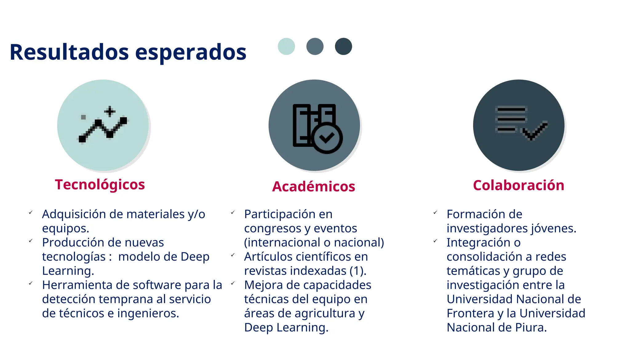 Resultados esperados
Tecnológicos Académicos Colaboración

Adquisición de materiales y/o
equipos.

Producción de nuevas
tecnologías : modelo de Deep
Learning.

Herramienta de software para la
detección temprana al servicio
de técnicos e ingenieros.

Participación en
congresos y eventos
(internacional o nacional)

Artículos científicos en
revistas indexadas (1).

Mejora de capacidades
técnicas del equipo en
áreas de agricultura y
Deep Learning.

Formación de
investigadores jóvenes.

Integración o
consolidación a redes
temáticas y grupo de
investigación entre la
Universidad Nacional de
Frontera y la Universidad
Nacional de Piura.
 