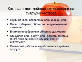 Как възникват дейностите основани на сътрудничеството Групи от хора, споделящи едни и същи цели Първо събиране :  обсъждат се пунктовете на съгласие  Виртуални събрания и обмен на документи Общуване един с друг, един с много, много с много чрез синхронни или асинхронни инструменти Съвместна работа за изработване на крайния продукт 