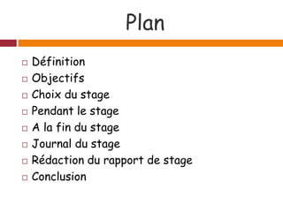 Plan
 Définition
 Objectifs
 Choix du stage
 Pendant le stage
 A la fin du stage
 Journal du stage
 Rédaction du rapport de stage
 Conclusion
 