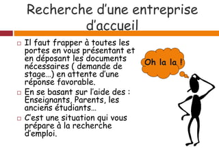 Recherche d’une entreprise
d’accueil
 Il faut frapper à toutes les
portes en vous présentant et
en déposant les documents
nécessaires ( demande de
stage…) en attente d’une
réponse favorable.
 En se basant sur l’aide des :
Enseignants, Parents, les
anciens étudiants…
 C’est une situation qui vous
prépare à la recherche
d’emploi.
Oh la la !
 