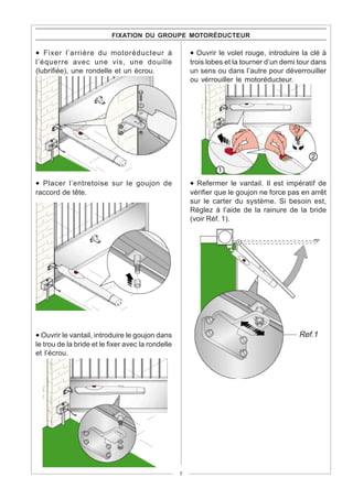 FIXATION DU GROUPE MOTORÉDUCTEUR

• Fixer l’arrière du motoréducteur à                   • Ouvrir le volet rouge, introduire la clé à
l’équerre avec une vis, une douille                    trois lobes et la tourner d’un demi tour dans
(lubrifiée), une rondelle et un écrou.                 un sens ou dans l’autre pour déverrouiller
                                                       ou vérrouiller le motoréducteur.




• Placer l’entretoise sur le goujon de                 • Refermer le vantail. Il est impératif de
raccord de tête.                                       vérifier que le goujon ne force pas en arrêt
                                                       sur le carter du système. Si besoin est,
                                                       Réglez à l’aide de la rainure de la bride
                                                       (voir Réf. 1).




• Ouvrir le vantail, introduire le goujon dans                                             Ref.1
le trou de la bride et le fixer avec la rondelle
et l’écrou.




                                                   7
 