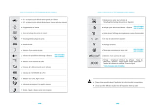GUIDE D'UTILISATION DE LA TÉLÉCOMMANDE BI-DIRECTIONNELLE                                GUIDE D'UTILISATION DE LA TÉLÉCOMMANDE BI-DIRECTIONNELLE



    On - Les impacts sur le véhicule seront ignorés par l'alarme                                • Mode sommeil activé. Seul la foction de
    Off - Les impacts sur le véhicule déclencheront l'alarme selon leur intensité                  Vérouillage/Dévérouillage des portes est disponible

                                                                                                                                                           NON UTILISABLE
    Programmation de l'alarme                                                                   • Indique que le véhicule est démarré à distance           SUR CE MODÈLE


    Auto-verrouillage des portes en roulant                                                     • Utilisés durant l'affichage des températures et autres fonctionnalités


   Vérouillage/Dévérouillage des portes                                                         • Les feux de stationnement clignotent


    Mode AUXILIAIRE                                                                             • Affichage de tension


                                                                                                                                                           NON UTILISABLE
    Détection d'une ouverte de porte                                                            • Démarrage automatique par temps froid
                                                                                                                                                           SUR CE MODÈLE

                                                           NON UTILISABLE
    Indicateur de possibilité de démarrage à distance                                           • Détection d'une ouverture de capot
                                                           SUR CE MODÈLE

                                                                                                • Horloge - Température intérieure du véhicule - Temps de
    Détection d'une ouverture de coffre                                                            démarrage à distance* - Temps restant - Temps mode turbo* -
                                                                                                   Tension de la batterie du véhicule - Echec du signal
                                                                                                  * NON UTILISABLE SUR CE MODÈLE
    Emission de la télécommande vers le véhicule


    Indication de l'AUTONOMIE de la PILE


    Détection d'un CHOC léger ou lourd

                                                                                    Chaque icône apparaîtra durant l'application de la fonctionnalité correspondante.
    Indicateur de réception d'un appel à distance
                                                                                    L'écran peut-être difficile à visualiser lors de l'exposition directe au soleil.

    Module d'appel à distance activé et en réception




                              24                                                                                           25
 