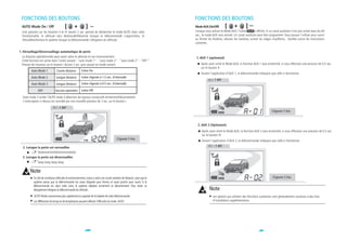 FONCTIONS DES BOUTONS                                                                                                    FONCTIONS DES BOUTONS
 AUTO Mode On / Off                                                                                                       Mode AUX (On/Off)
  Une pression sur les boutons II et IV durant 2 sec. permet de déclencher le mode AUTO. Avec cette                       Lorsque vous activez le Mode AUX, l'icône         s'affiche. Si un canal auxiliaire n'est pas activé dans les 60
  fonctionnalité, le véhicule sera dévérouillé/Désarmé lorsque la télécommande s'approchera, et                           sec., le mode AUX sera annulé. Un canal auxiliaire peut être programmé. Vous pouvez l'utiliser pour ouvrir
  Vérouillera/Armera le système lorsque la télécommande s'éloignera du véhicule.                                          ou fermer les fenêtres, allumer les lumières, activer les sièges chauffants... Veuillez suivre les instructions
                                                                                                                          suivantes.

1. Vérouillage/Déverrouillage automatique de porte
 La distance opérationnelle peut varier selon le véhicule et son environnement.                                            1. AUX 1 (optionnel)
 Cette fonction est active dans l'ordre suivant : "auto mode 1" - "auto mode 2" - "auto mode 3" - "OFF-"
 Pressez de nouveau sur le bouton I durant 2 sec. pour passer au mode suivant.                                                Après avoir entré le Mode AUX, la fonction AUX 1 sera enclenché, si vous effectuez une pression de 0,5 sec.
                                                                                                                              sur le bouton II.
         Auto Mode 1            Courte distance         Icône On.
                                                                                                                               Durant l'application d'AUX 1, la télécommande indiquera que celle-ci fonctionne.
         Auto Mode 2           Longue distance          Icône clignote à 1.5 sec. d'intervalle
                                                                                                                                         ~ 1 BIP
         Auto Mode 3           Longue distance          Icône clignote à 0.5 sec. d'intervalle

              OFF              Aucune operation         Icône Off.

  Auto mode 3 arrête l'AUTO mode à détection de signaux consécutifs Armement/Désarmement.
  L'interruption ci-dessus est annulée par une nouvelle pression de 2 sec. sur le bouton I.

                                 ~ 1 BIP
                                                                                                                                                                                            Clignote 5 fois



                                                                                                                            2. AUX 2 (Optionnel)
                                                                                                                               Après avoir entré le Mode AUX, la fonction AUX 2 sera enclenché, si vous effectuez une pression de 0,5 sec.
                                                                                                                               sur le bouton III.
                                                                                         Clignote 5 fois
                                                                                                                               Durant l'application d'AUX 2, la télécommande indiquera que celle-ci fonctionne.
                                                                                                                                         ~ 1 BIP
  2. Lorsque la porte est verrouillée
             dodoreremimifafamimireredodo
  3. Lorsque la porte est déverrouillée
              beep beep beep beep

        Note
          Du fait de nombreux véhicules et environnements, il peut y avoir une courte variation de distance pour que le                                                                      Clignote 5 fois
          système pense que la télécommande est assez éloignée pour fermer, et assez proche pour ouvrir. Si la
          télécommande est dans cette zone, le système répétera armement et désarmement. Pour éviter ce
          désagrément éloignez la télécommande du véhicule.                                                                           Note
           AUTO Mode consommera plus rapidement la capacité de la batterie de votre télécommande                                         Les options qui utilisent des fonctions auxiliaires sont généralement soumises à des frais
          Les différences de temps et de température peuvent affecter l'efficacité du mode AUTO.                                         d'installation supplémentaires.




                                                           30                                                                                                                    31
 
