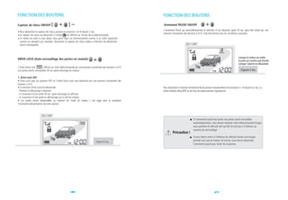 FONCTION DES BOUTONS                                                                                          FONCTION DES BOUTONS
Capteur de chocs ON/OFF [                           ]                                                         Armement PASSIF ON/OFF
                                                                                                              L'armement Passif, qui verrouillera/armera le véhicule s'il est désarmé, après 30 sec, peut être activé par une
 Pour désactiver le capteur de chocs, pressez les boutons I et III durant 2 sec.
                                                                                                              pression simultanée des boutons II et III. Cela fonctionne sous les conditions suivantes.
 Le capteur de chocs est désactivé si l'icône    est affiché sur l'ecran de la télécommande.
 Ce mode est utile si vous devez vous garer dans un environnement soumis à un trafic important
 comme un aéroport par exemple. Désactiver le capteur de chocs aidera à éliminer les déclenche-
                                                                                                                                           ~ 1 BIP
 ments intempestifs.



                                                                                                                                                                                               Lorsque le moteur est arrête
DRIVE LOCK (Auto-verrouillage des portes en roulant)
                                                                                                                                                                                               la porte est ouverte puis fermée.
                                                                                                                                                                                               Lorsque l'alarme est désactivée.
L'icône Drive Lock        s'affiche sur votre télécommande par une pression simultanée des boutons I et IV.
Les portes seront verrouillées 30 sec après allumage du moteur.                                                                                                                                  Clignote 5 fois

1. Drive lock OFF
• Drive Lock sera sur position OFF, et l'icône Drive Lock sera désactivé par une pression simultanée des
boutons I et IV
• La fonction Drive Lock est désactivée :                                                                     Pour désactiver la fonction Armement Passif, pressez simultanément les boutons II + III durant 0,5 sec. La
- Pendant le démarrage à distance                                                                             sirène émettra deux BIPS et les feux de stationnement clignoteront.
- A l'ouverture d'une porte 30 sec. après allumage du véhicule
- A l'ouverture d'une porte au démarrage par la clef de contact.
• Les portes seront dévérouillées au moment de l'arrêt du moteur ( voir page pour la procédure
d'activation/désactivation de cette option).



                            ~ 1 BIP
                                                                                                                                              Si l'armement passif est activé, les portes seront vérouillées
                                                                                                                                              automatiquement, vous devrez empoter votre télécommande lorsque
                                                                                                                                              vous quitterez le véhicule afin qu'elle ne soit pas à l'intérieur au
                                                                                                                                              moment du verrouillage.
                                                                                                                        Précaution !
                                                                                                                                              Si vous devez rester à l'intérieur du véhicule durant une longue
                                                                                Clignote 5 fois
                                                                                                                                              période sans que le moteur ne tourne, vous devrez désactiver
                                                                                                                                              l'armement passif pour éviter les nuisances.




                                                        36                                                                                                          37
 