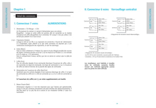 II. Connecteur 6 voies Verrouillage centralisé
GUIDE D'INSTALLATION
                          Chapitre 1




                                                                                                                                                                                                                               GUIDE D'INSTALLATION
                               Détail des connexions
                                                                                                                                                        Jaune / Noir                                   Jaune / Noir
                                                                                                                               Ouverture                Jaune                   Ouverture              Jaune

                           I. Connecteur 7 voies                                    ALIMENTATIONS                                                       Jaune / Blanc                                  Jaune / Blanc
                                                                                                                                                        Vert / Noir                                    Vert / Noir
                                                                                                                               Fermeture                Vert                    Fermeture              Vert
                           1. Alimentation +12V (Rouge : +12V)                                                                                          Vert / Blanc                                   Vert / Blanc
                              Un fil provenant du neiman (+) servant d'alimentation pour une voiture.
                              Rouge/Noir : Lorsque la sortie coffre est positive, elle est connectée sur le module
                              d'ouverture de coffre (Rouge/Noir) d'un connecteur 5P. Lorsqu'il n'est pas utilisé, il est                                                      <Diagramme de connexion durant déverrouillage>
                              annulé pour prévenir d'un court-circuit.                                                                                  Jaune / Noir
                                                                                                                                                        Jaune
                       2 & 3. Clignotants (Violets)                                                                             Ouverture
                              Lorsque la clef est sur ON, si un clignotant est enclenché, il fournit de l'alimentation                                  Jaune / Blanc
                              (+). (Cependant, soyez attentif à ce que cette connexion ne réponde pas à une                                             Vert / Noir
                              combinaison droite/gauche des clignotants, ce sont les warnings).                                Fermeture                Vert
                                                                                                                                                        Vert / Blanc
                           4. Sirène (Blanc)
                              Fixez la sirène solidement à l'intérieur du capot et le plus éloigné possible des sources
                              de chaleur, connectez ensuite un fil noir (-) sur le chassis et un fil blanc (+) à la centrale    <Diagramme de connexion durant verrouillage>
                              et le fil rouge au +12V permanent.                                                                Les fils CN3 ne sont connectés à aucune partie de l'intérieur.
                              Dans le compartiment moteur, vérifiez que rien ne vienne en contact avec le câble de              Connectez +12V au fil situé entre le connecteur et le fusible (15A)
                              la sirène.
                           5. Coffre (Gris)
                              Pour les véhicules équipés d'une commande électrique d'ouverture de coffre, celle-ci              Les installateurs sont habilités à installer
                              est connectée à la ligne de commande. Une ligne de commande (+) ou (-) d'ouverure                 selon les méthodes suivantes. Veuillez
                              de coffre est faite en fonction de la polarité des lignes de commande.                            trouver une méthode appropriée comme
                                                                                                                                pour les portes de votre véhicule.
                           6. Alimentation de l'ouverture de coffre (Noir/Gris)
                              Seulement pour les voitures équipées d'une ouverture électrique de coffre. Si la ligne
                              de commande du coffre est (+), elle est connectée au (+), et si (-) elle est connectée au
                              (-).
                               Si l'ouverture de coffre est (-), un relais supplémentaire est inutile.


                           7. Masse Chassis (Noir)
                              Alimentation négative (-). Il est très important pour que l'alarme soit opérationnelle.
                              Lorsqu'il n'est pas connecté correctement cela peut entraîner des dysfonctionnements. Il
                              doit être placé sur un plot fixe de la voiture et son installation vérifiée à l'aide d'un
                              multimètre.




                                                                   6                                                                                                                   7
 