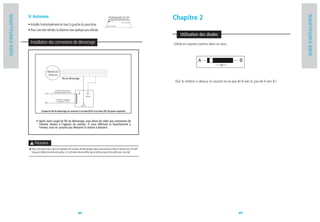 V. Antenne                                                                                                                              Chapitre 2
GUIDE D'INSTALLATION




                                                                                                                                                                                                                                                GUIDE D'INSTALLATION
                                                                                                                        • Bi-directionnelle / FM / AM

                                                                                                                                           (Dans la voiture)
                       • Installer horizontalement en haut à gauche du pare-brise.                                    (Siége conducteur)


                       • Pour une vitre teintée, la distance sera quelque peu réduite.
                                                                                                                                                                   Utilisation des diodes
                        Installation des connexions de démarrage                                                                                               Utilisé en courant continu dans un sens.




                                           NEIMAN DU
                                            VÉHICULE
                                                                 Fils de démarrage
                                                                                                                                                                (Sur le schéma ci-dessus, le courant ne va que de B vers A, pas de A vers B.)

                                                     Connecté à une alarme
                                                   Connecteur principal IG1 (Vert)
                                        (Vert)
                                                                                                (Jaune)
                                                      Connecté à une alarme
                                                        Connecteur 11P (B
                                        (Bleu)
                                                                                      (Jaune)


                                    (Couper les fils de démarrage, les connecter à un relais (87A) et un relais (30). Fils jaunes respectifs.)



                                  Après avoir coupé les fils de démarrage, vous devez les relier aux connexions de
                                  l'alarme situées à l'opposé du neiman. Si vous effectuez le branchement à
                                  l'envers, vous ne pourrez pas démarrer la voiture à distance.



                             Précautions
                          Pour une voiture qui a subi une opération de coupure de démarrage, mieux vaut pouvoir arrêter la voiture avec une clef
                                                                                                                                        .
                          lorsque la télécommande est perdue. Un technicien devra vérifier que le véhicule peut être arrêté avec une clef.




                                                                                     12                                                                                                                         13
 