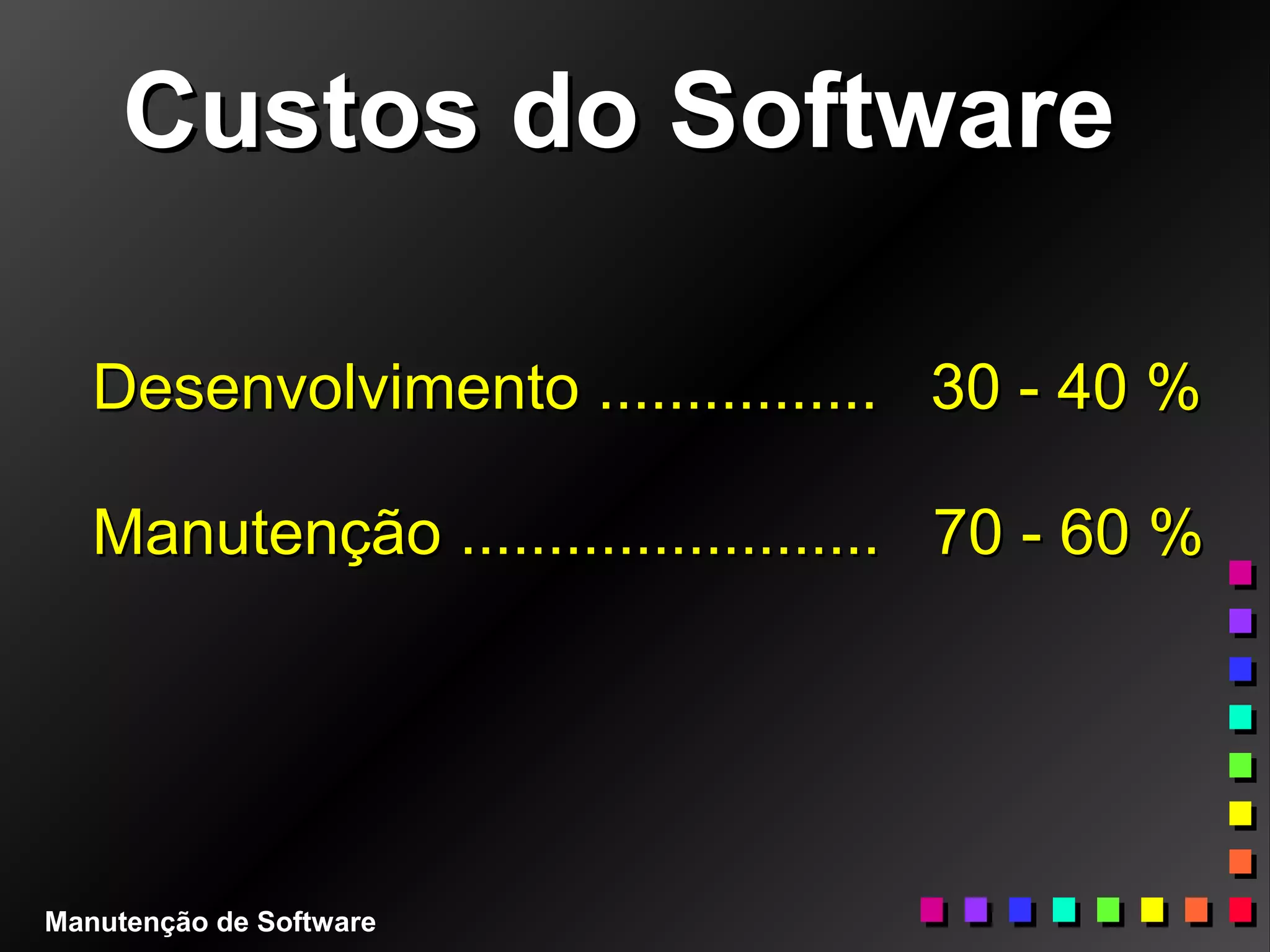 Custos do SoftwareCustos do Software
Desenvolvimento ................ 30 - 40 %Desenvolvimento ................ 30 - 40 %
Manutenção ........................ 70 - 60 %Manutenção ........................ 70 - 60 %
Manutenção de Software
 
