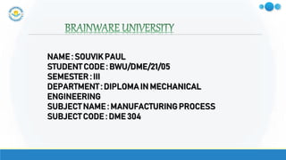NAME : SOUVIK PAUL
STUDENT CODE : BWU/DME/21/05
SEMESTER : III
DEPARTMENT : DIPLOMA IN MECHANICAL
ENGINEERING
SUBJECT NAME : MANUFACTURING PROCESS
SUBJECT CODE : DME 304
 