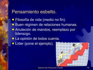 Pensamiento esbelto. Filosofía de vida (medio no fin). Buen régimen de relaciones humanas. Anulación de mandos, reemplazo por liderazgo. La opinión de todos cuenta. Líder (pone el ejemplo). 