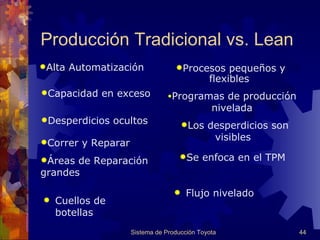 Cuellos de botellas  Flujo nivelado Producción Tradicional vs. Lean Alta Automatización  Procesos pequeños y flexibles   Capacidad en exceso Programas de producción nivelad a Desperdicios ocultos  Los desperdicios son visibles  Correr y Reparar  Áreas de Reparación grandes  Se enfoca en el  TPM 