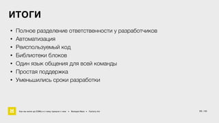 ИТОГИ 
• Полное разделение ответственности у разработчиков 
• Автоматизация 
• Реиспользуемый код 
• Библиотеки блоков 
• Один язык общения для всей команды 
• Простая поддержка 
• Уменьшились сроки разработки 
Как мы жили до БЭМа и к чему пришли с ним • Воищев Иван • Factory.mn 
55 / 60 
 